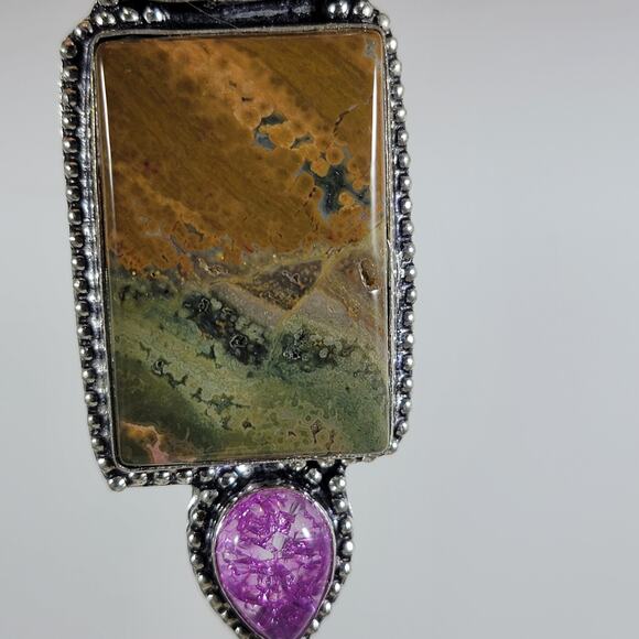 Statement Pendant Necklace – Jasper, Pearl & Purple Druzy + 20" Silver Chain - Picture 6 of 10
